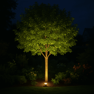 Arbre vert éclairé par un spot lumineux au sol dans un jardin la nuit avec des buissons et une maison en arrière-plan.