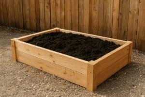 grand bac à jardiner en bois clair avec terre fraîche à côté d'une clôture en bois brut