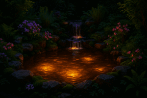 Bassin de jardin avec eau calme, cascade, rocailles et végétation luxuriante éclairée par des lumières orangées.