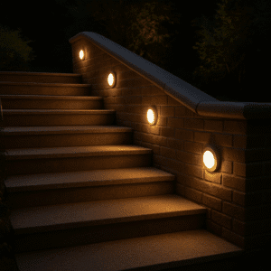 Escalier extérieur en pierre avec marches éclairées par des appliques LED sur un muret en briques sous une rambarde arrondie, ambiance nocturne.