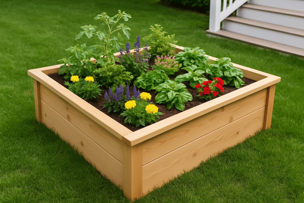 Carré potager surélevé en bois avec plantes vertes, fleurs colorées et herbes aromatiques