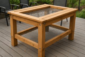Table de jardin en bois brut avec plateau ajouré en lattes et grillage métallique, pieds robustes et boulons visibles, sur terrasse en bois gris.