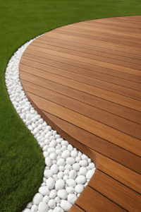 Terrasse en bois avec bordures arrondies en galets blancs séparant une pelouse verte.