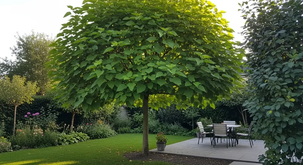 Catalpa boule créant de l'ombre au-dessus d'une terrasse