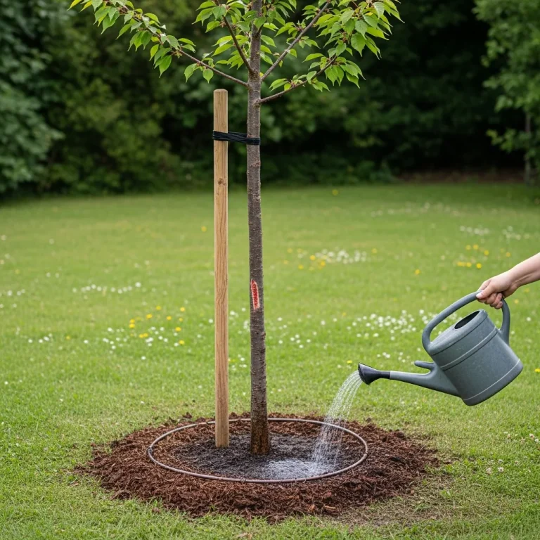 Cuvette d'arrosage et paillage au pied d'un cerisier