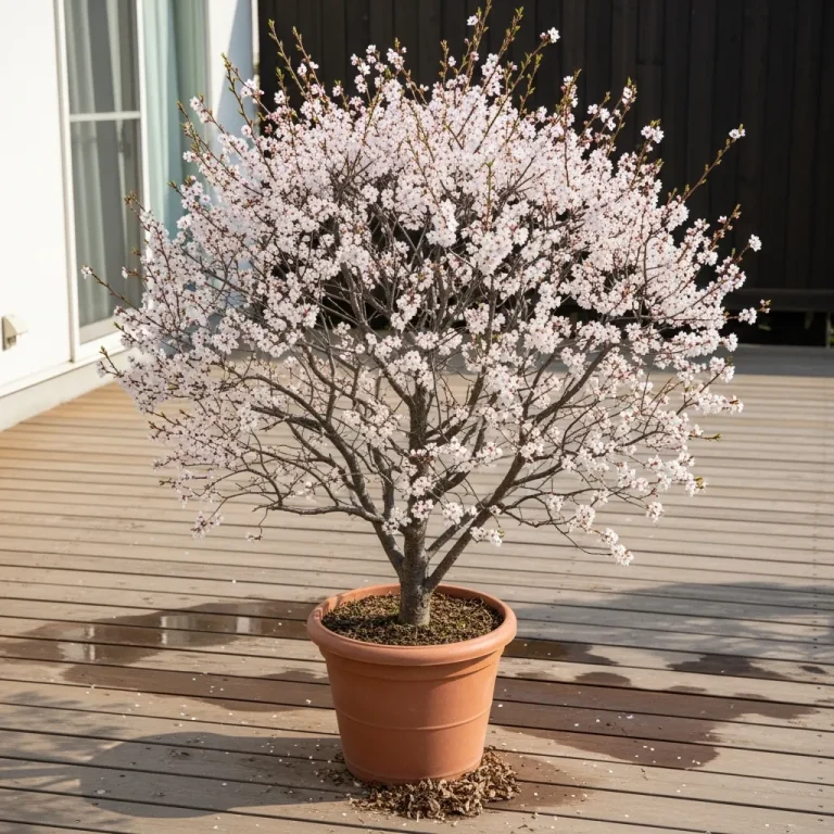 Petit cerisier 'Kojo-no-mai' fleuri dans un grand pot