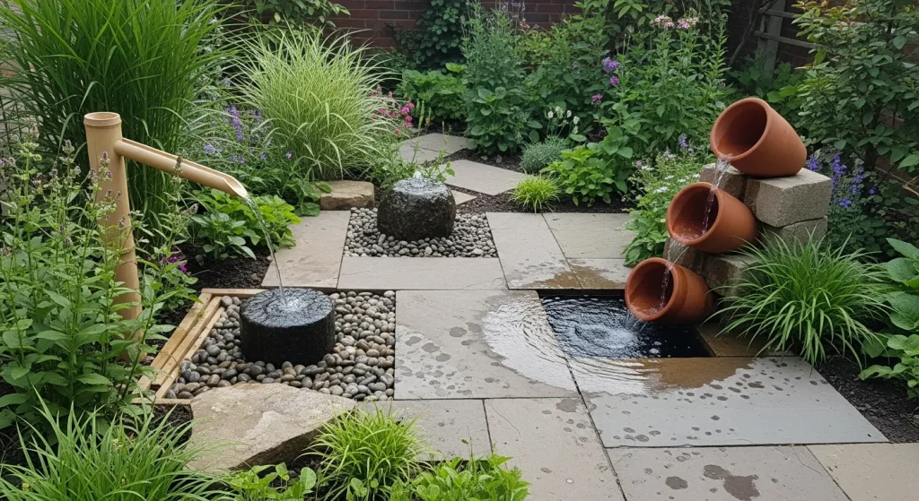 Bambou zen, pierre percée et cascade de pots sur une terrasse