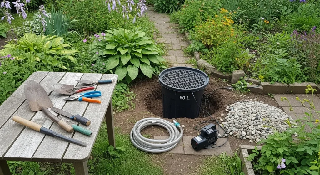 Pompe submersible, bac enterré, tuyaux et galets prêts à installer