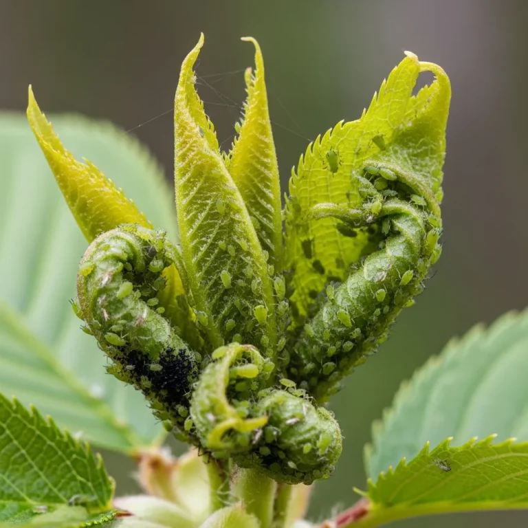 Feuilles de cerisier enroulées avec pucerons verts