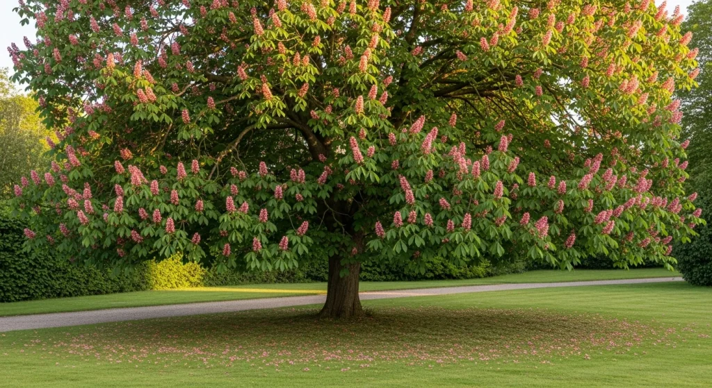 Marronnier à fleurs rose-rouge au port large et ombrageant