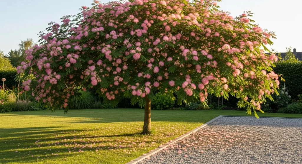 Albizia ‘Rosea’ au port parasol et houppes roses estivales