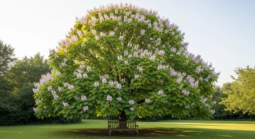 Catalpa fargesii aux grandes feuilles et fleurs rosées veinées