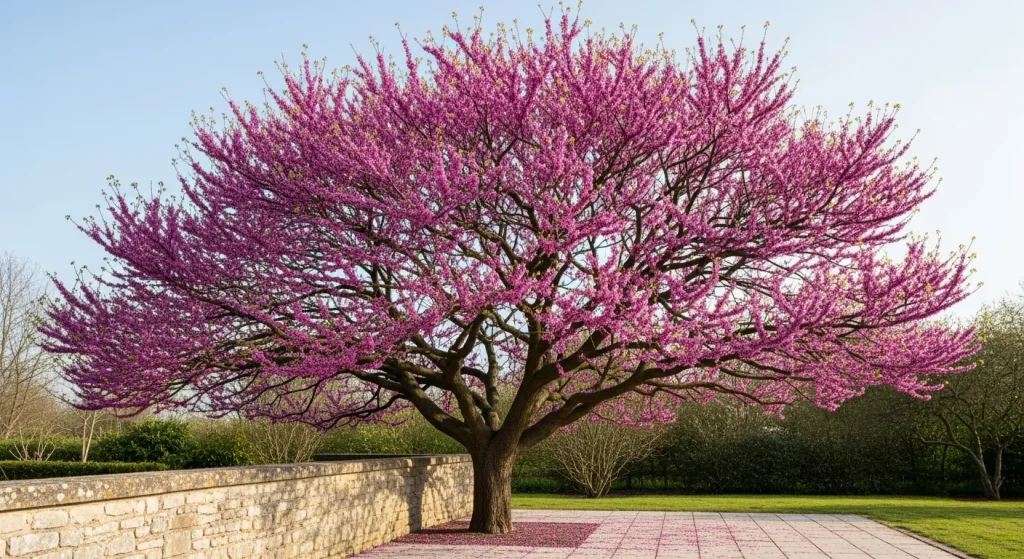 Cercis siliquastrum couvert de fleurs roses sur branches nues