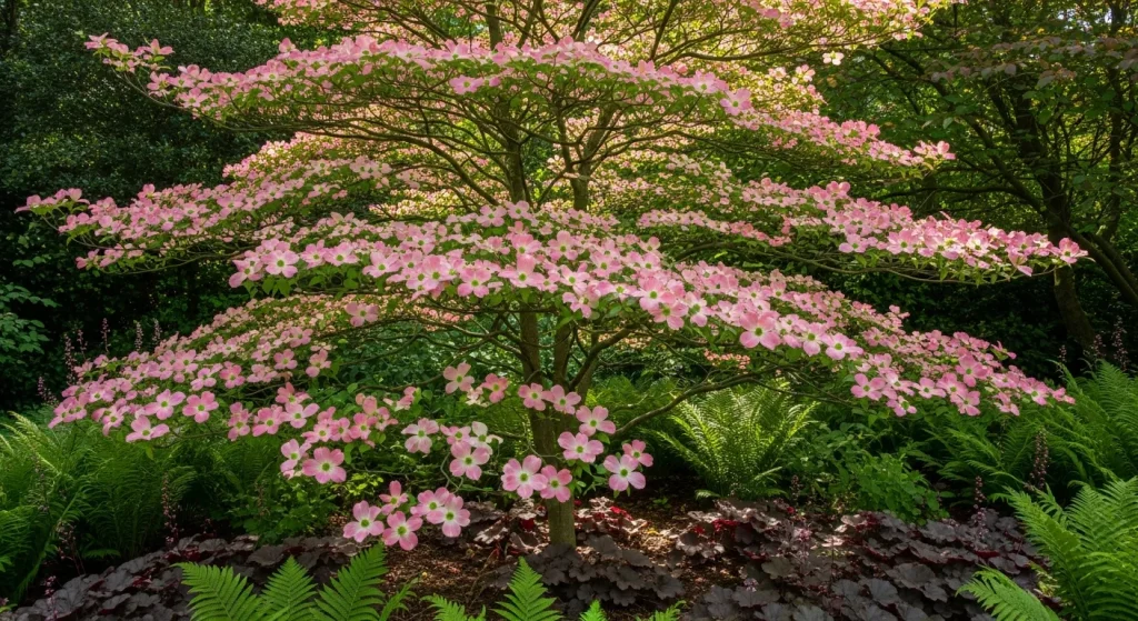 Cornouiller à bractées roses sous lumière tamisée de printemps