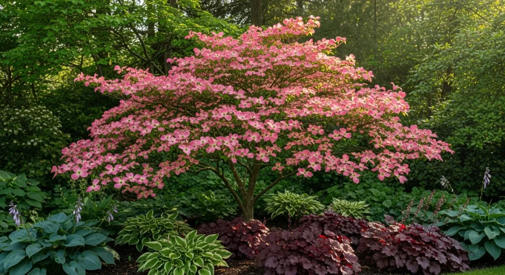 Cornus kousa ‘Satomi’ aux bractées rose framboise superposées