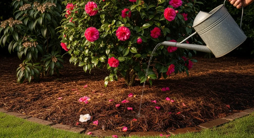 Paillage d’écorces et arrosoir à eau de pluie au pied d’un camélia