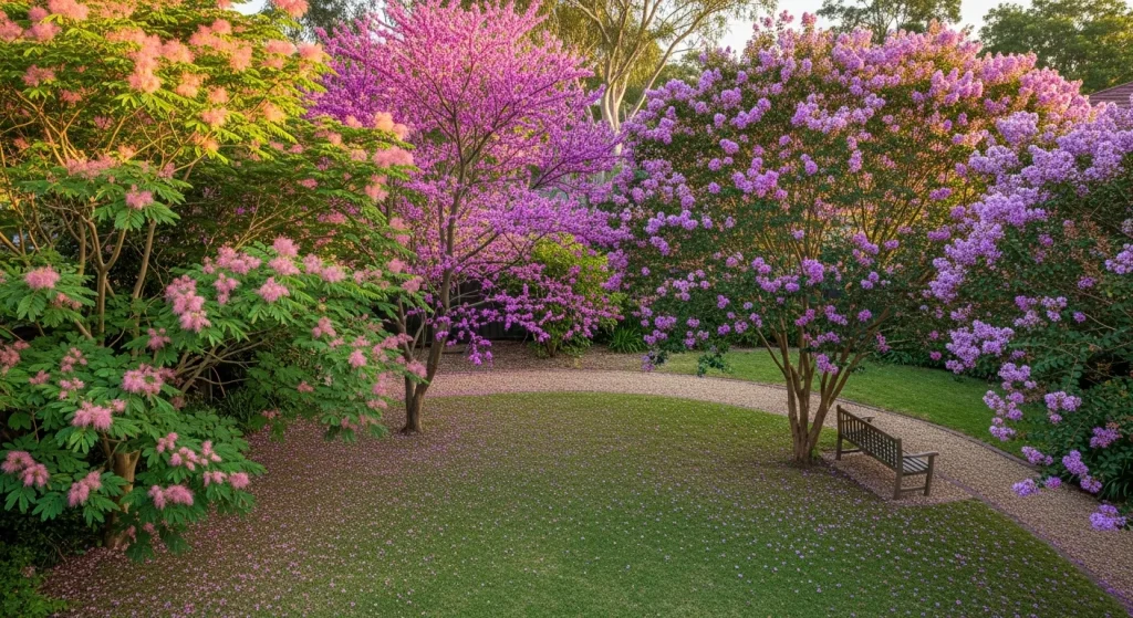 Scène de jardin avec plusieurs arbres à fleurs roses en été