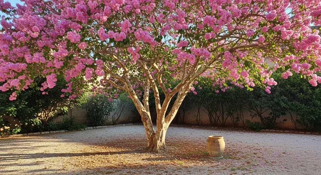 Lilas des Indes aux panicules roses et écorce exfoliée en été