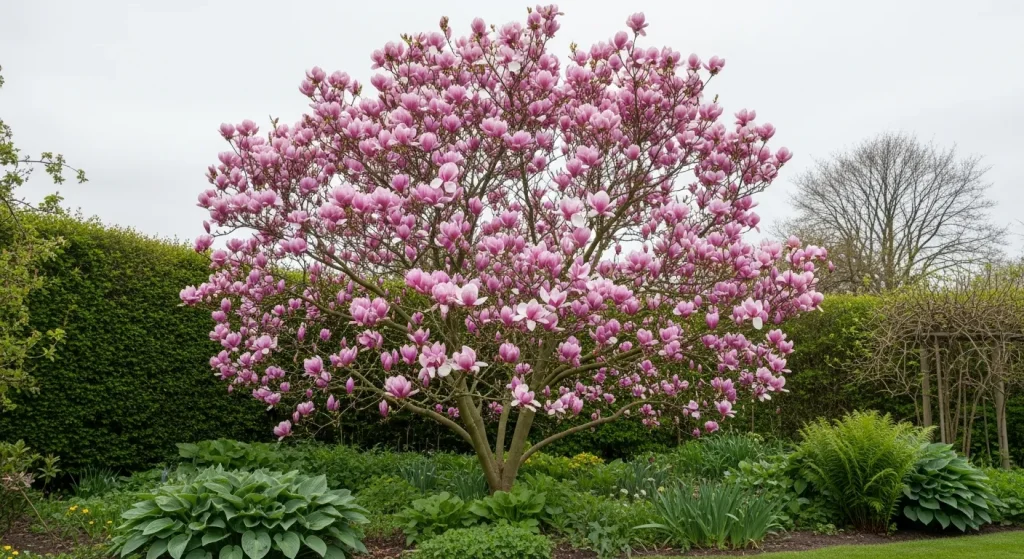 Magnolia ‘Galaxy’ aux grandes fleurs rose pourpré au printemps