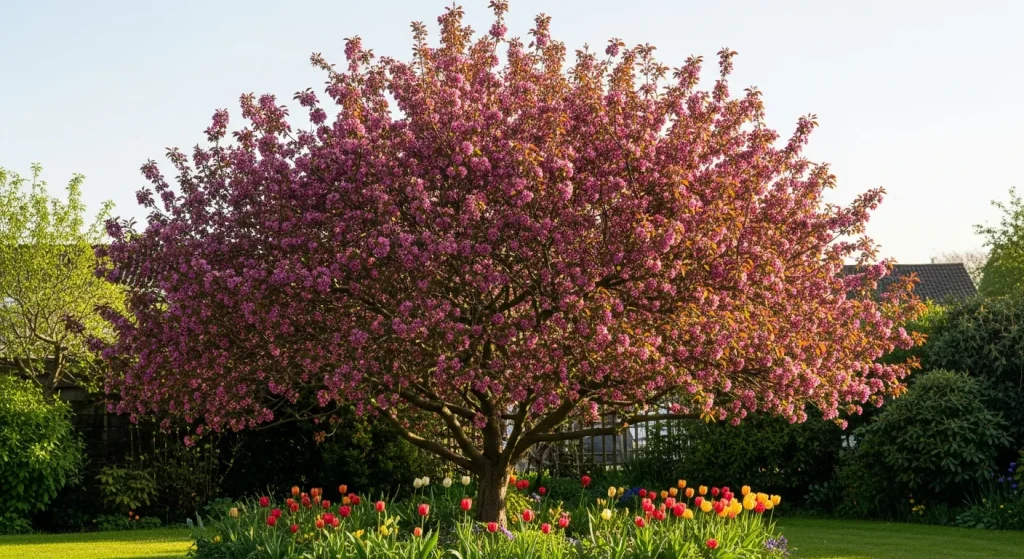 Malus ‘Profusion’ aux fleurs rose pourpré et jeunes feuilles bronzes
