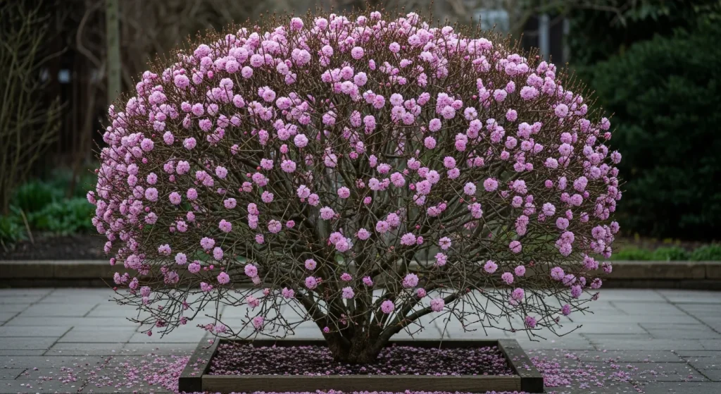 Prunus triloba aux pompons roses sur rameaux nus au printemps