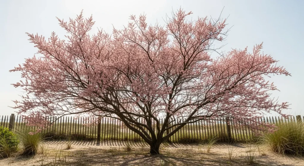 Tamaris aux panaches roses et silhouette légère en bord de mer
