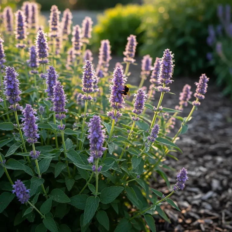 Épis violets d’agastache avec une abeille butinant au soleil