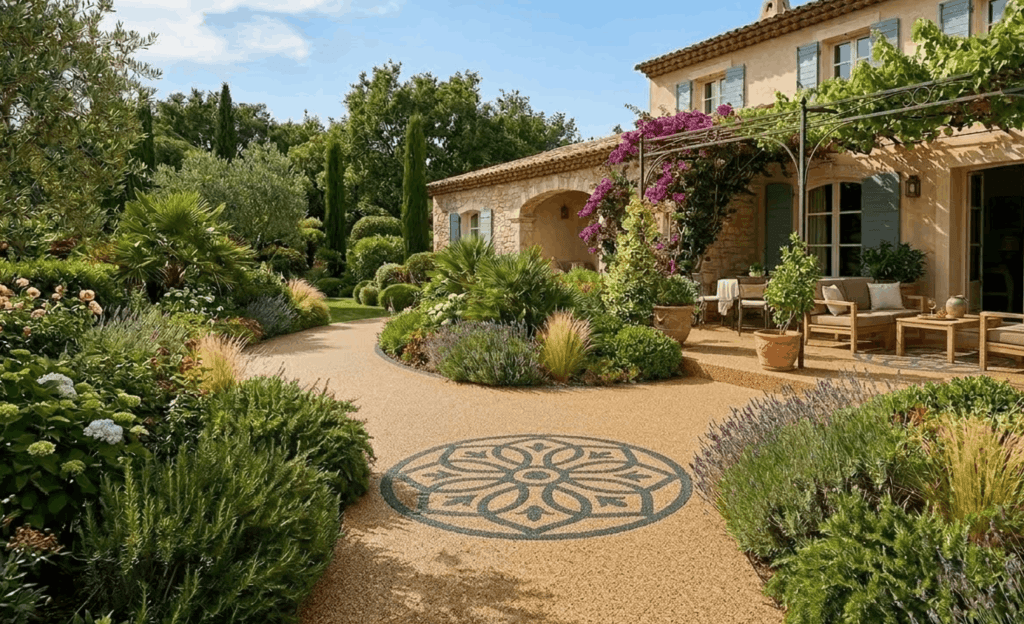 Allée en granulat de pierre avec médaillon décoratif dans un jardin provençal