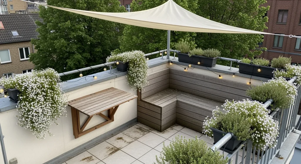 Petite terrasse optimisée avec table rabattable et voile d’ombrage