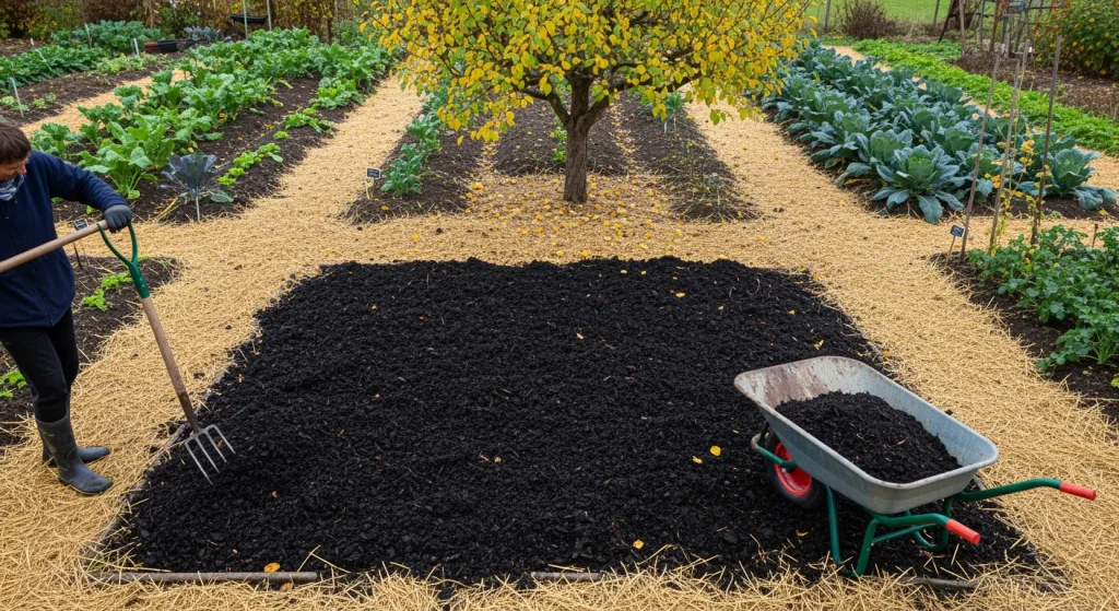 Compost mûr épandu en couche régulière sur planche potagère