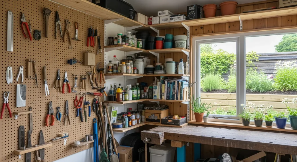 Atelier de jardin avec établi, rangements et fenêtre ouverte