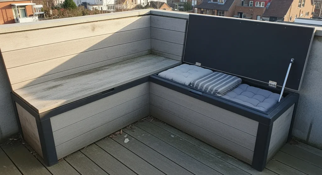 Banquette d’angle avec coffre ouvert montrant les rangements