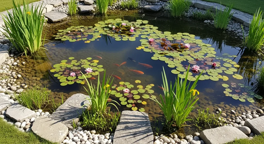 Petit bassin paysager avec nénuphars, poissons et bordure en galets