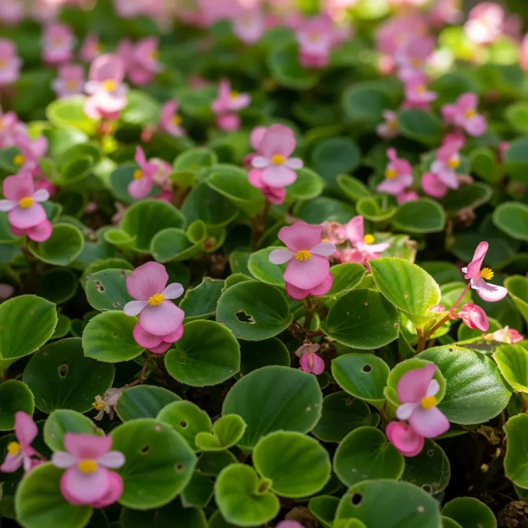 Petites fleurs roses de bégonia sur feuillage vert brillant en bordure