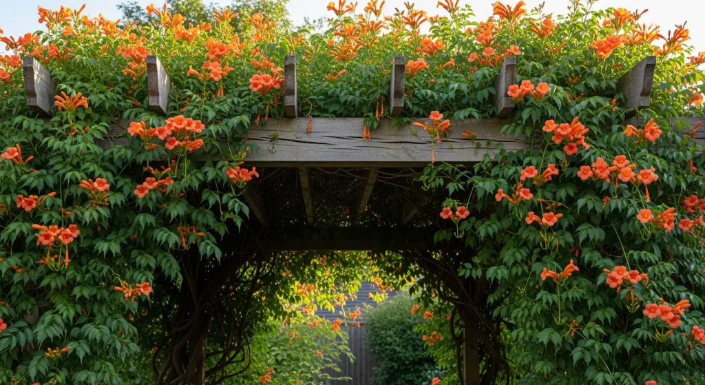 Bignone capreolata aux fleurs en trompettes couvrant une pergola en bois