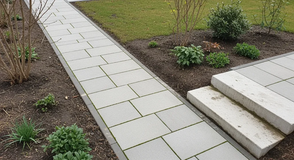 Pavés alignés avec bordure rigide affleurante