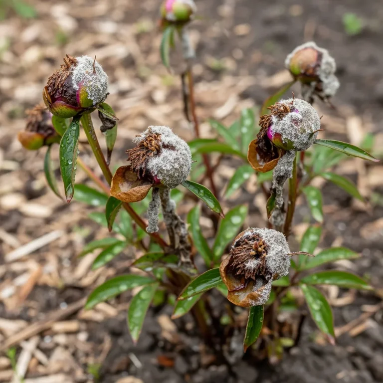 Boutons de pivoine atteints de pourriture grise après pluie