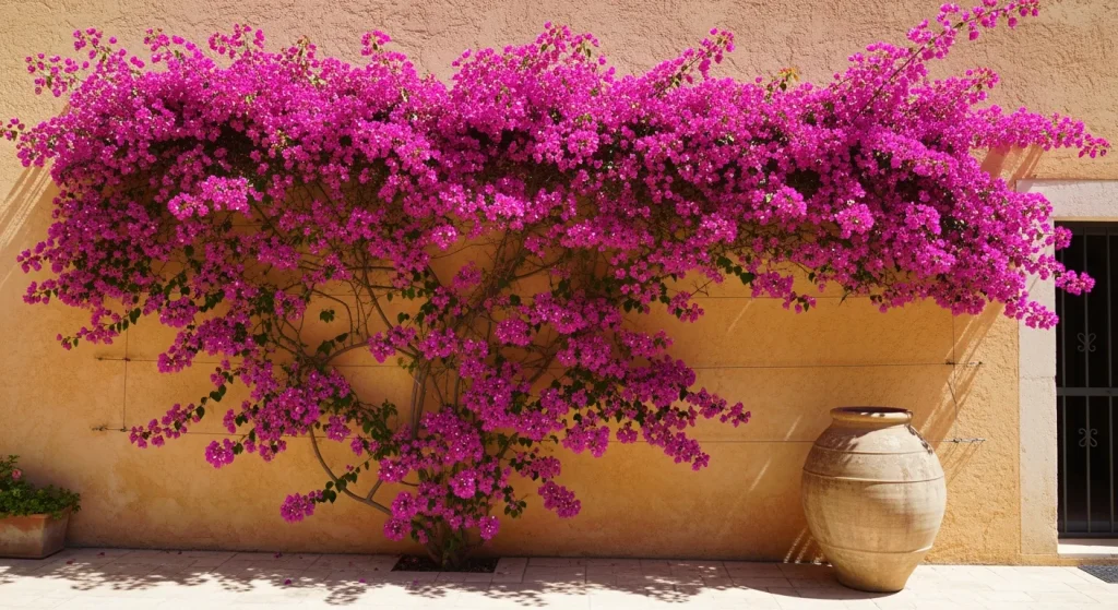 Bougainvillier aux bractées magenta palissé contre un mur ensoleillé