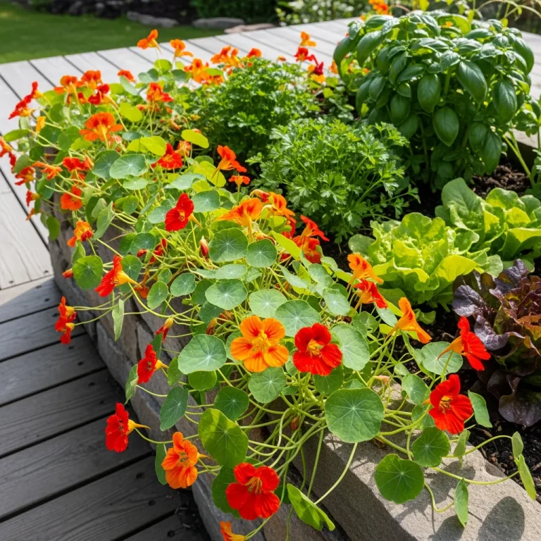 Capucines orange et rouges avec feuilles rondes vert tendre
