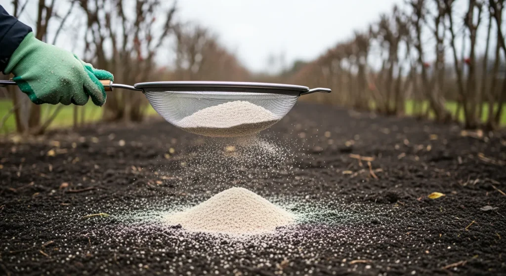 Cendres de bois tamisées épandues finement sur sol humide