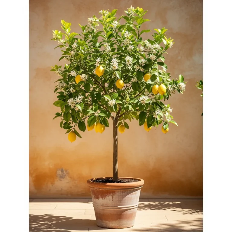 Citronnier en pot avec citrons jaunes et floraison blanche
