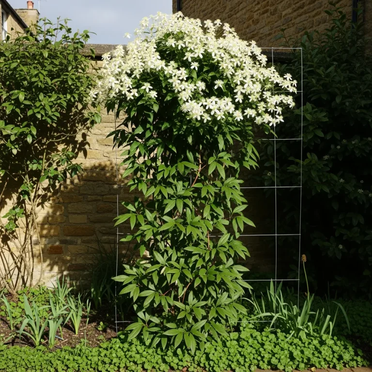 Clématite armandii à fleurs blanches sur fils tendus en cour abritée