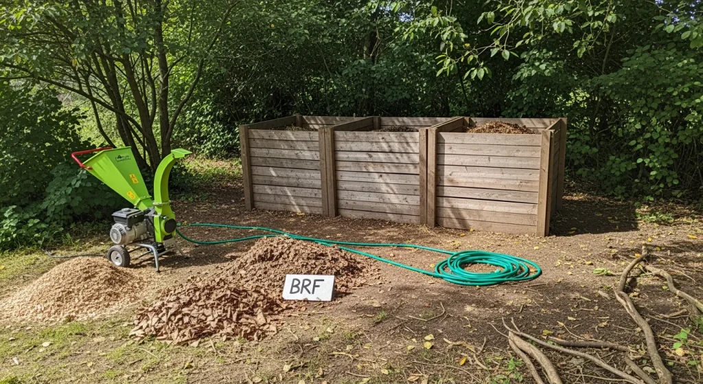 Zone compost à trois bacs avec broyeur et tas de BRF sous légère ombre