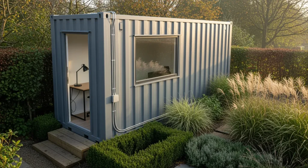 Petit conteneur 10 pieds aménagé en bureau de jardin