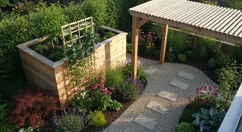 Conteneur bardé bois avec grimpantes et pergola ombragée