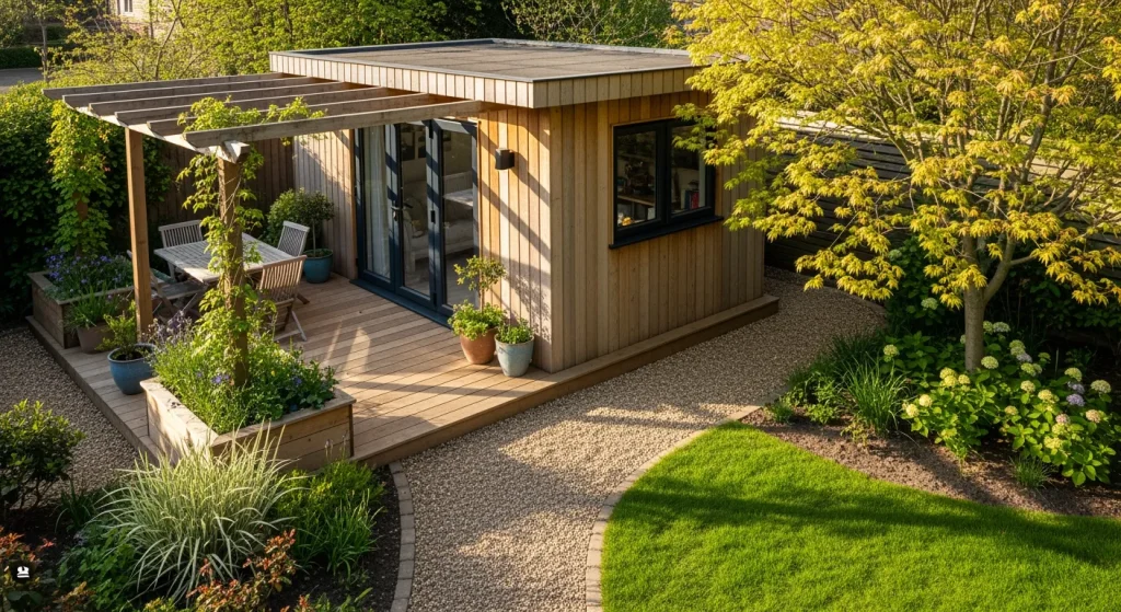 Studio en conteneur bardé bois avec pergola et terrasse