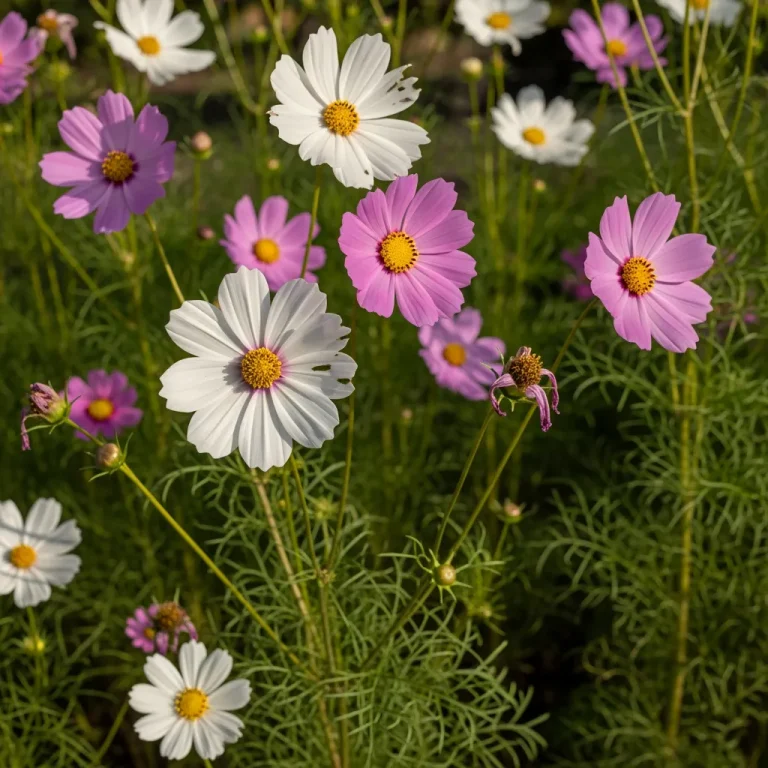 Grandes fleurs de cosmos roses et blanches au cœur jaune lumineux