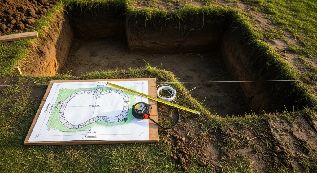 Croquis de bassin avec mètre ruban et cordeau au bord de l'excavation