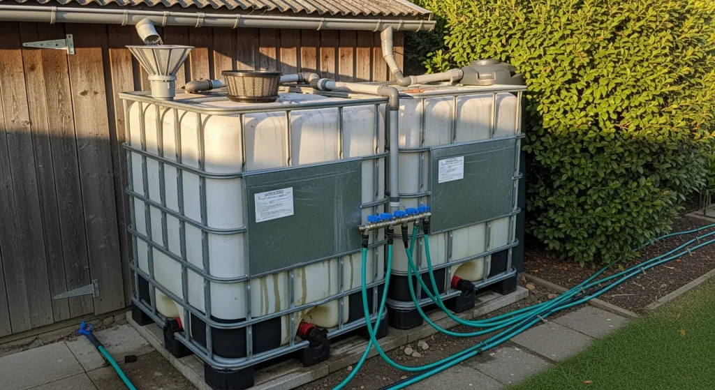 Deux cuves 1 000 L reliées à la gouttière avec réseau goutte-à-goutte