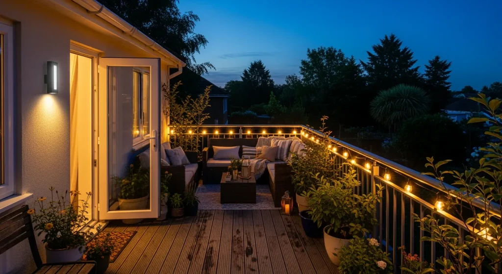 Guirlandes chaudes et applique solaire sur terrasse au crépuscule